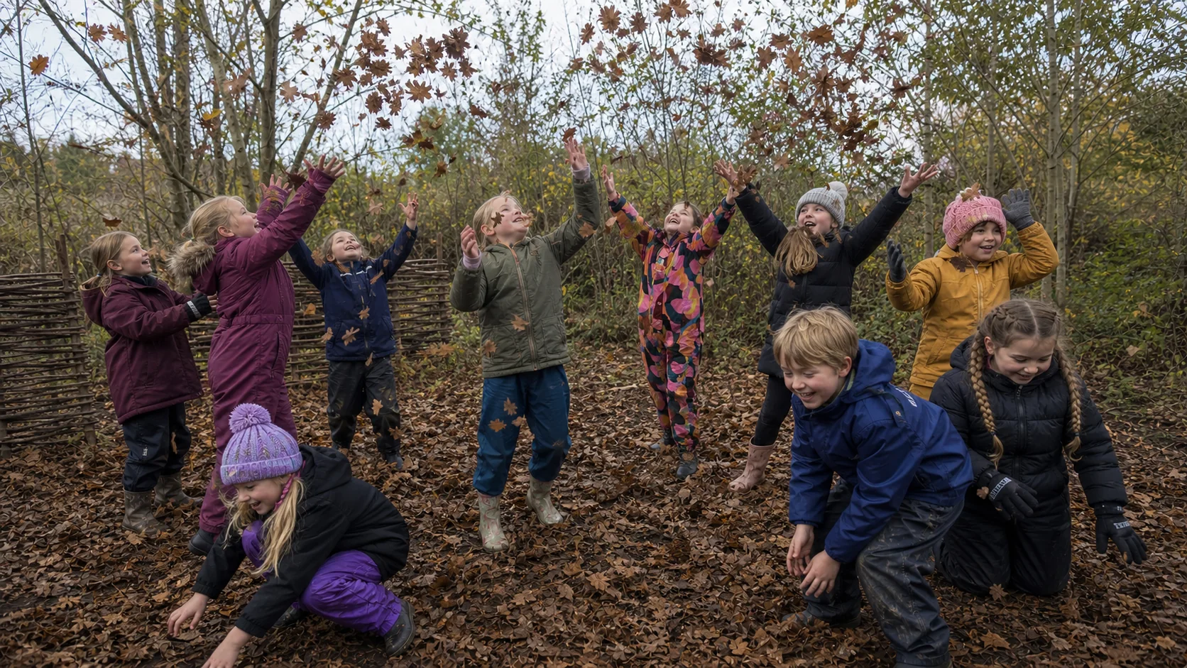 Children throwing autumn leaves