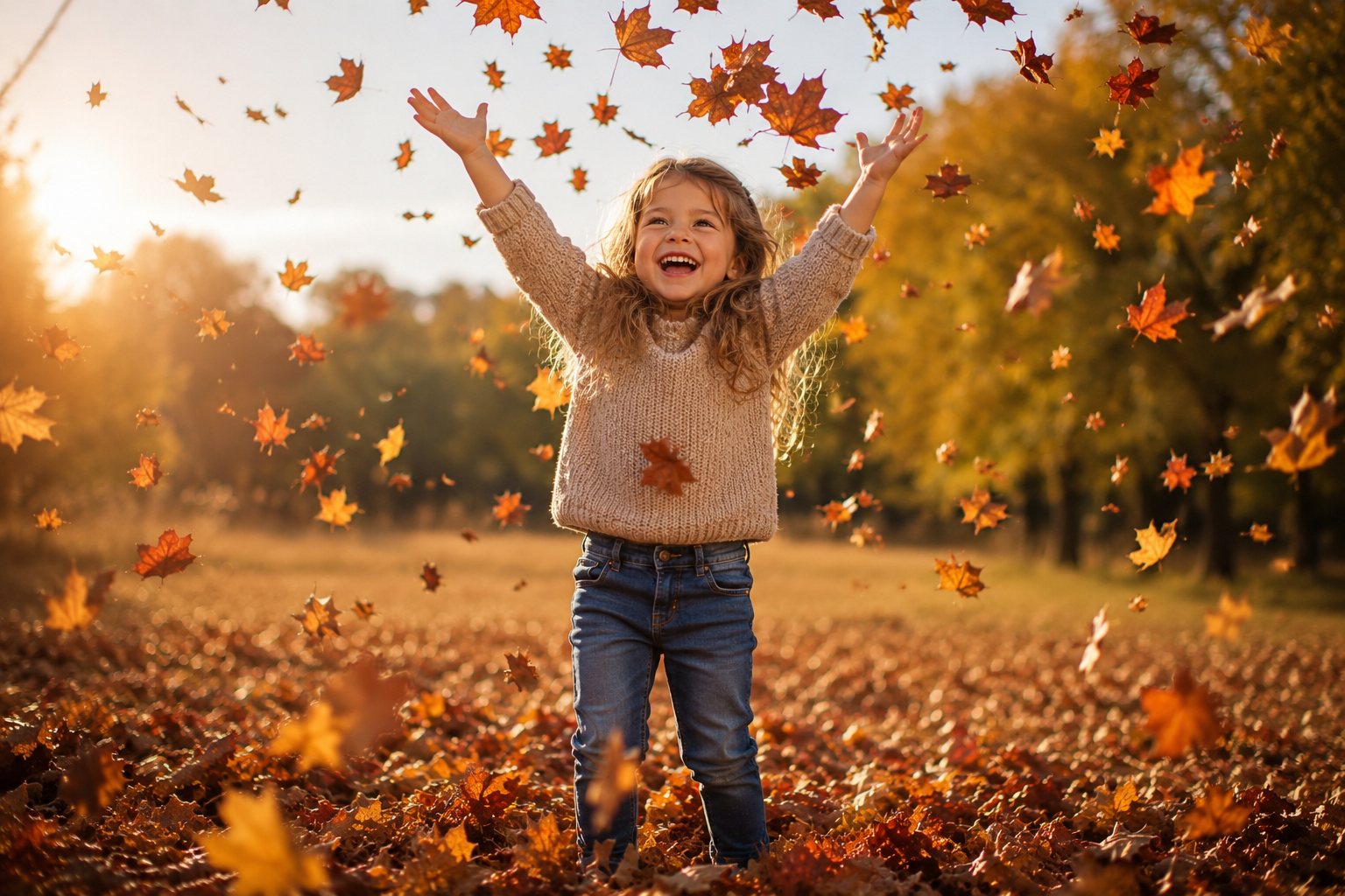 A smiling child throwing autumn leaves into the air
