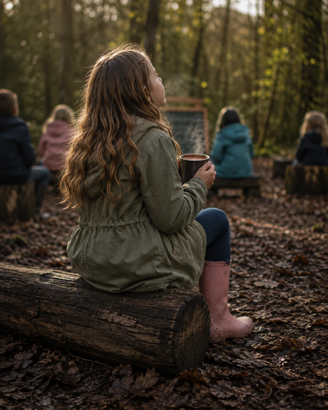 A child holding a warm drink while sitting on a log in the woodland