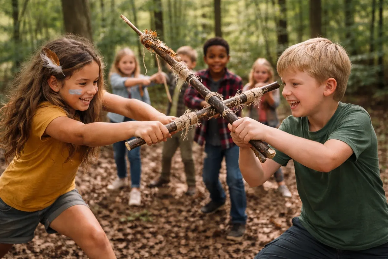 Children smiling during supervised imaginative stick play