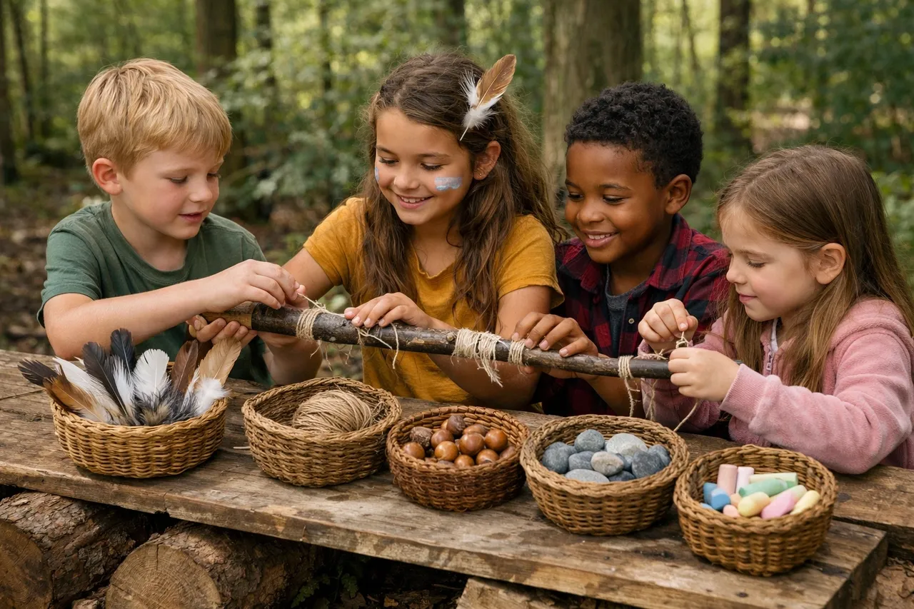 Children making imaginative play props with natural materials