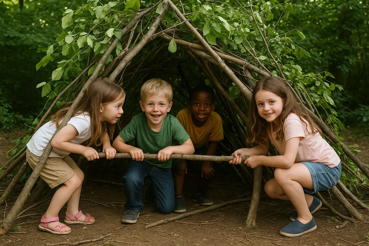 Children gathered around a woodland den