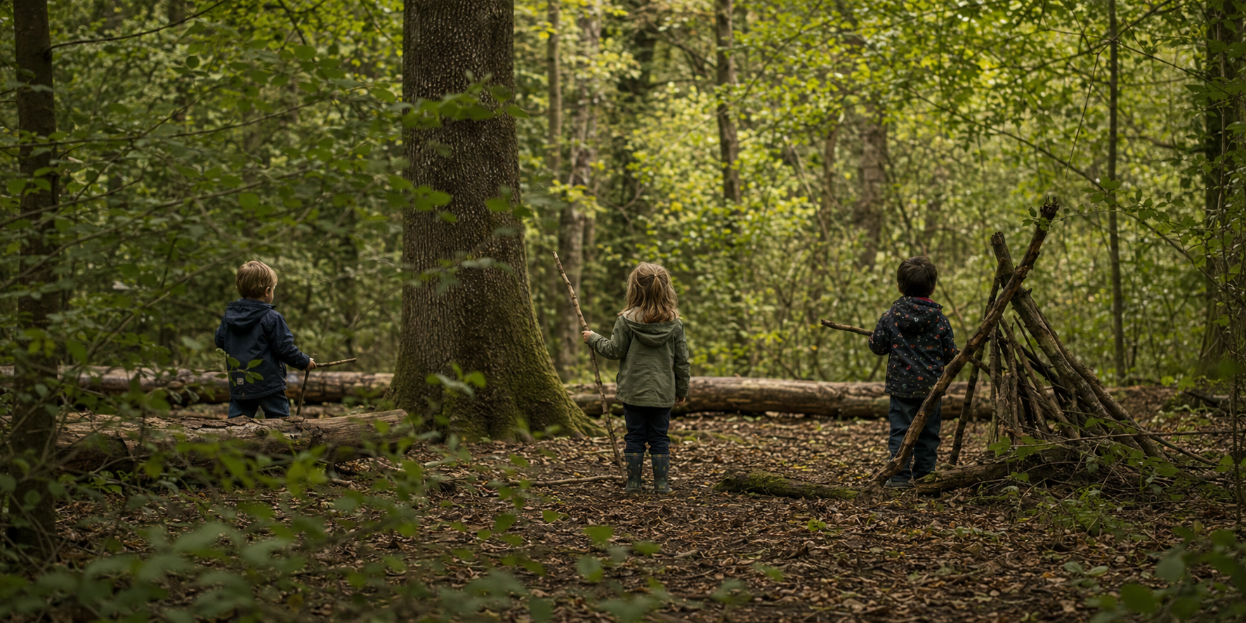 Children using sticks in imaginative play beside a woodland den